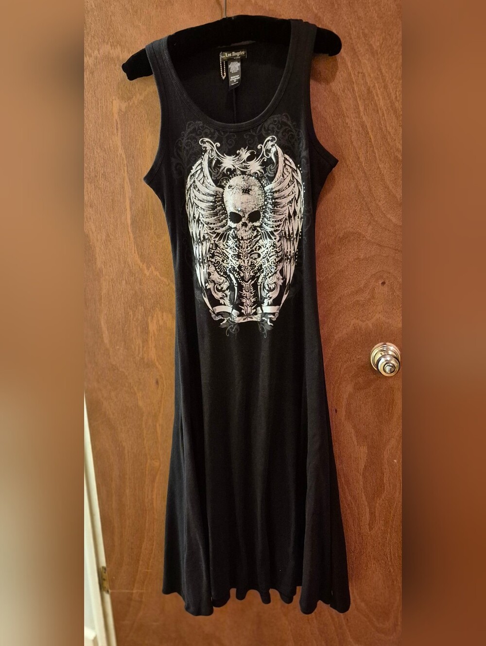 Black Sleeveless Maxi Dress with Silver Skull & Wing Graphic
